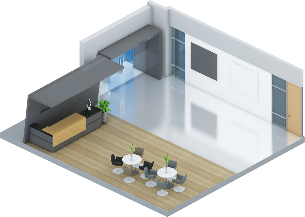 Isometric view of a office area,reception and meeting room, 3d rendering